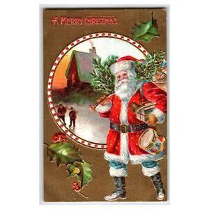 Vintage Embossed Santa Claus Christmas Postcard with Holiday Scene